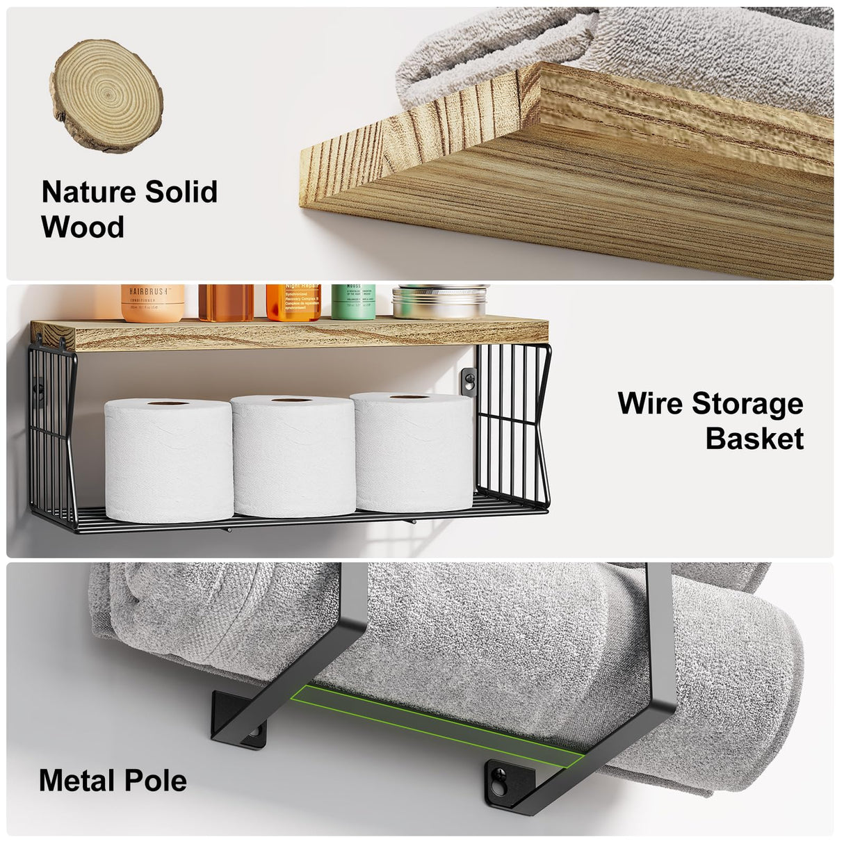 HAMITOR Floating Shelves Wall Mounted Over Toilet: Bathroom Shelf with Towel Rack Paper Holder Storage - Rustic Wood Farmhouse Shelves for Wall Decor/Bathroom HAMITOR