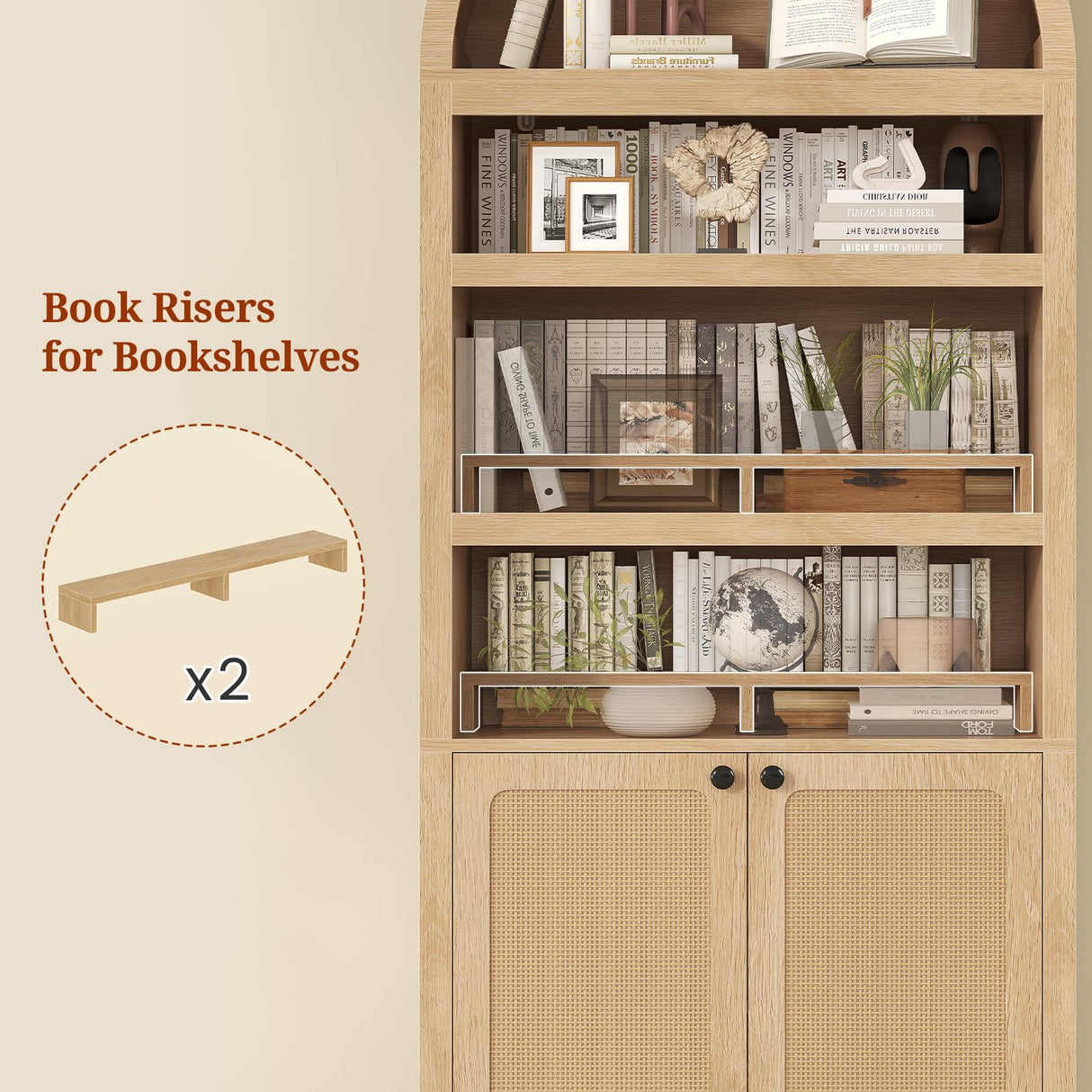 81" Tall Arched Cabinets,Bookcase with storage,Mid-Century Modern 6-Tier Bookshelf with Door,2 Book Risers and Adjustable Shelves offering more storage space for Living Room,Kitchen,Home Office,Oak UPOSOJA