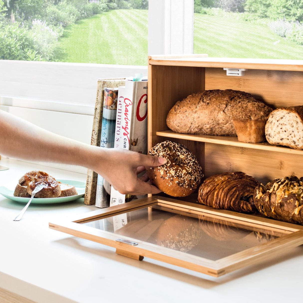 Laura's Green Kitchen Bread Box - Bamboo Bread Box For Kitchen Countertop | Bread Storage For Homemade Bread, Double Layer Bread Box For Kitchen Counter, Farmhouse Bread Container, Wood Breadbox Laura's Green Kitchen