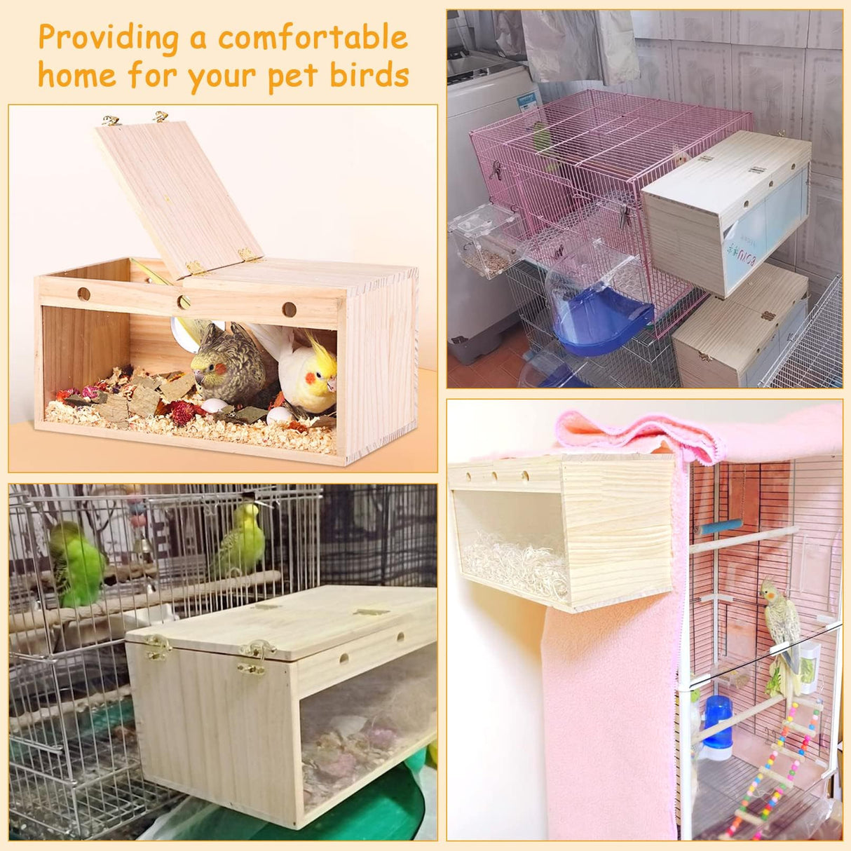 PINVNBY Large Natural Wood Parakeet Nesting Box Budgie Breeding Box Acrylic Bird Nest for Cage Transparent Panoramic for Birds, Parrots, Cockatiels, Lovebirds, Canaries (S: 7.87 x 4.72 x 4.72 inch) PINVNBY