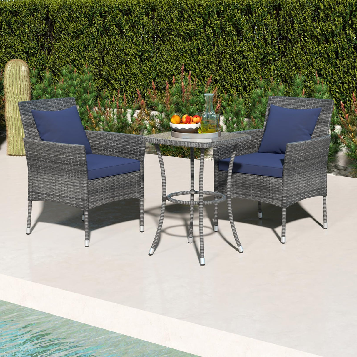 Tangkula 3-Piece Patio Furniture Set, PE Wicker Conversation Bistro Set w/A Tempered Glass Table & 2 Cushioned Chairs, Outdoor Table & Chairs Set for Patio Porch Yard Garden (Mix Gray+Navy) Tangkula
