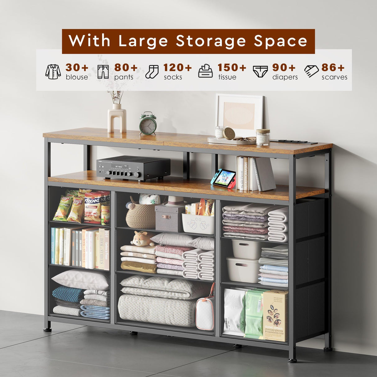 YeTom Tv Stand Dresser for Bedroom with Charging Station and LED Lights,9 Fabric Drawers Rustic Brown TV Stand with Open Shelf Storage,Media Console for TV ups to 55",Metal Frame,Wood Top,Rustic Brown YeTom