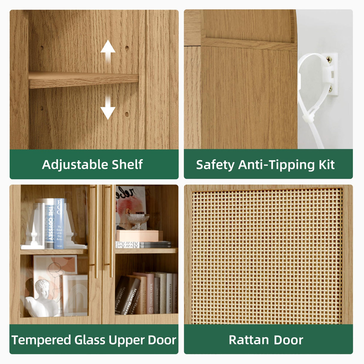 TRUNBACK 63" Arched Storage Cabinet, 5-Tier Modern Farmhouse Kitchen Pantry Cabinet with Glass & Rattan Doors, Adjustable Shelf for Living Room, Dining Room, or Office, Oak TRUNBACK