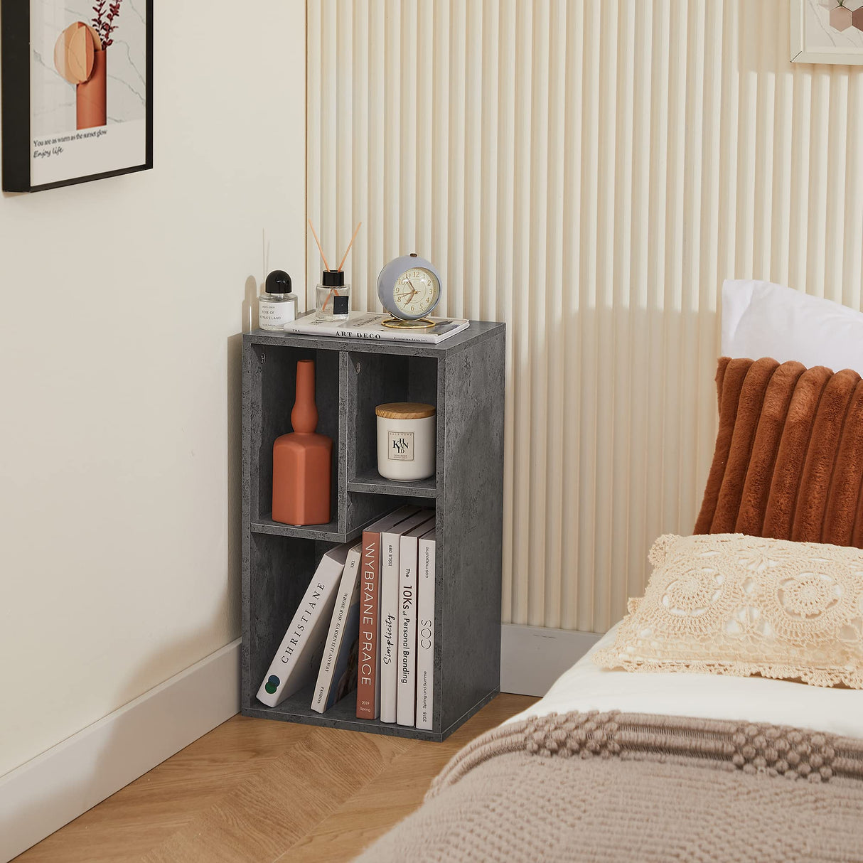 VECELO 3-Cube Open Bookcase, Small Bookshelf with Height Difference Shelves for Most Books, Horizontal Available, 2-Tier Storage Organizer for Home Office, Living Room, Grey VECELO