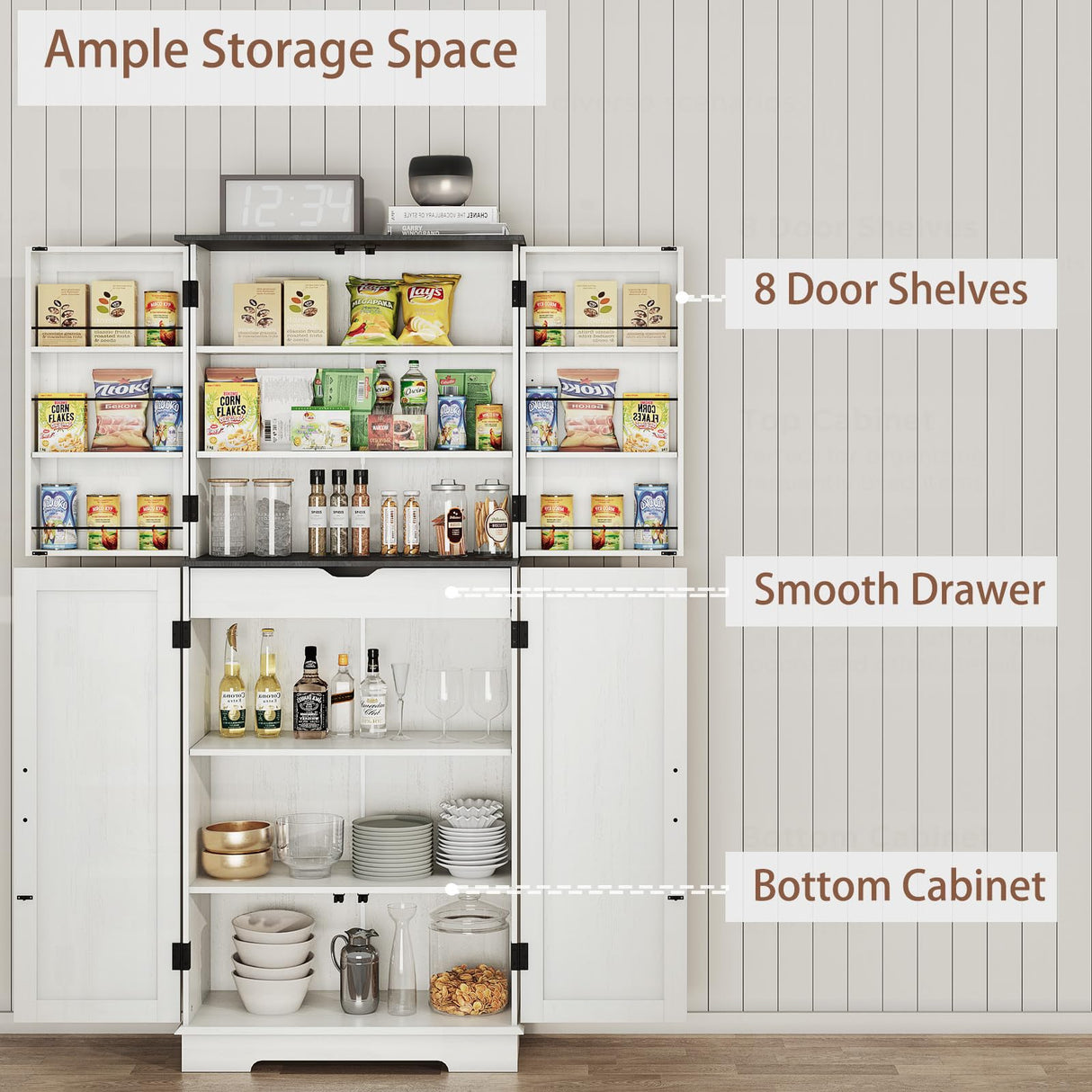 Kitchen Pantry Storage Cabinet,72" Freestanding Cupboard with 4 Barn Doors,Drawer and Adjustable Shelves,Wood Food Pantry for Kitchen, Dining Room, Bathroom,White Vipbear