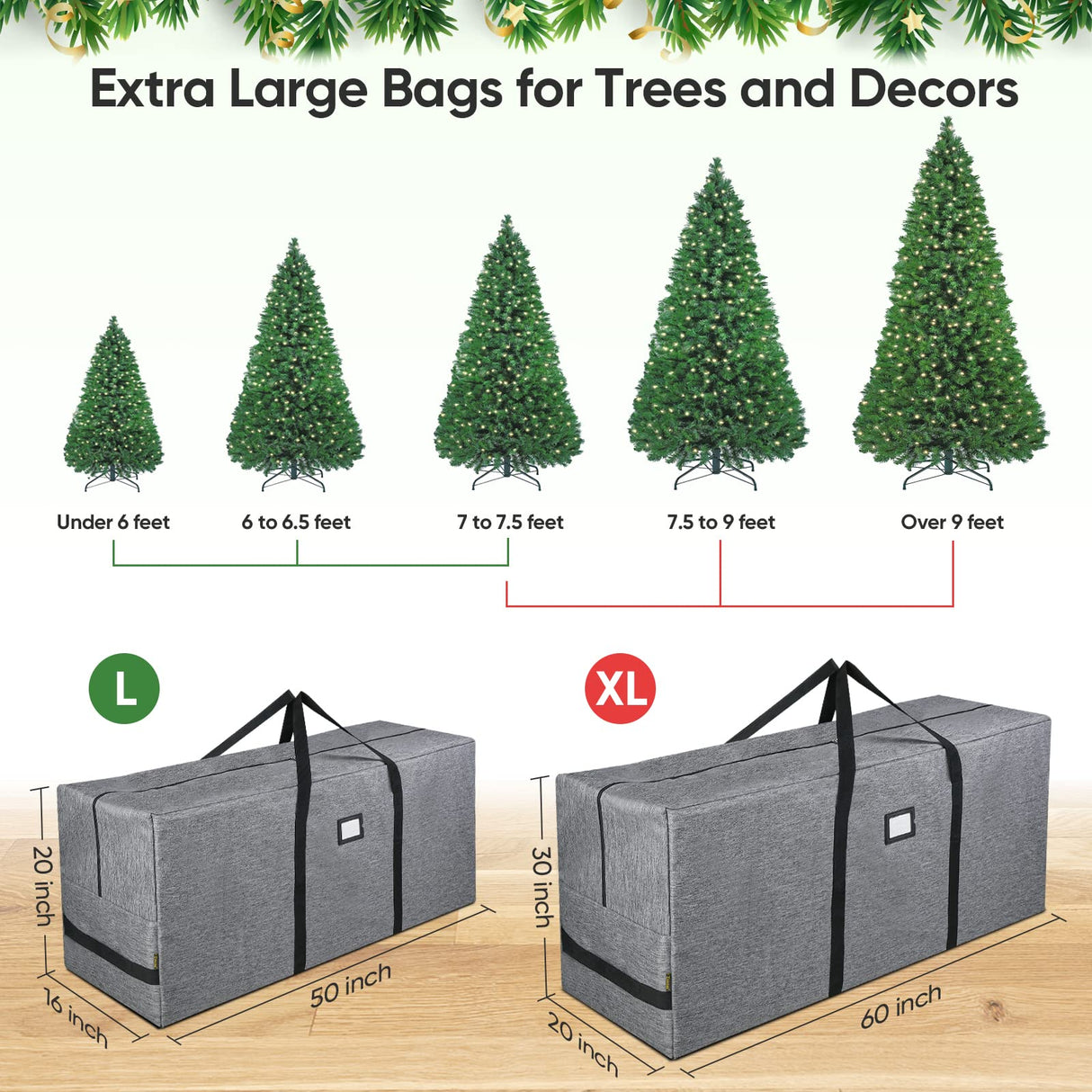 BALEINE 7.5 ft Christmas Tree Storage Bag, Heavy Duty 900D Oxford Fabric with Reinforced Handles and Dual Zippers Wide Opening, Extra Large Storage Container for Trees and Decorations (Grey) BALEINE