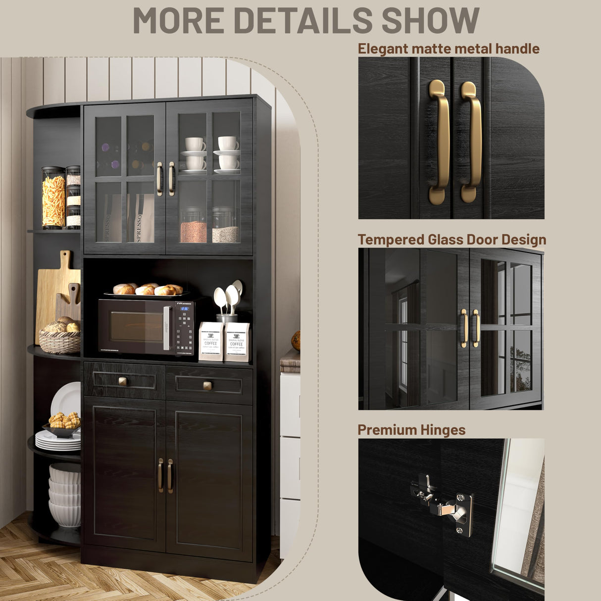 Fatmok Kitchen Pantry Cabinet with Charging Station, 71" Tall Modern Farmhouse Wood Kitchen Cabinet with a Large Drawer & Shelves, Freestanding Kitchen Hutch Cabinet with Microwave Stand, Cupboard Fatmok