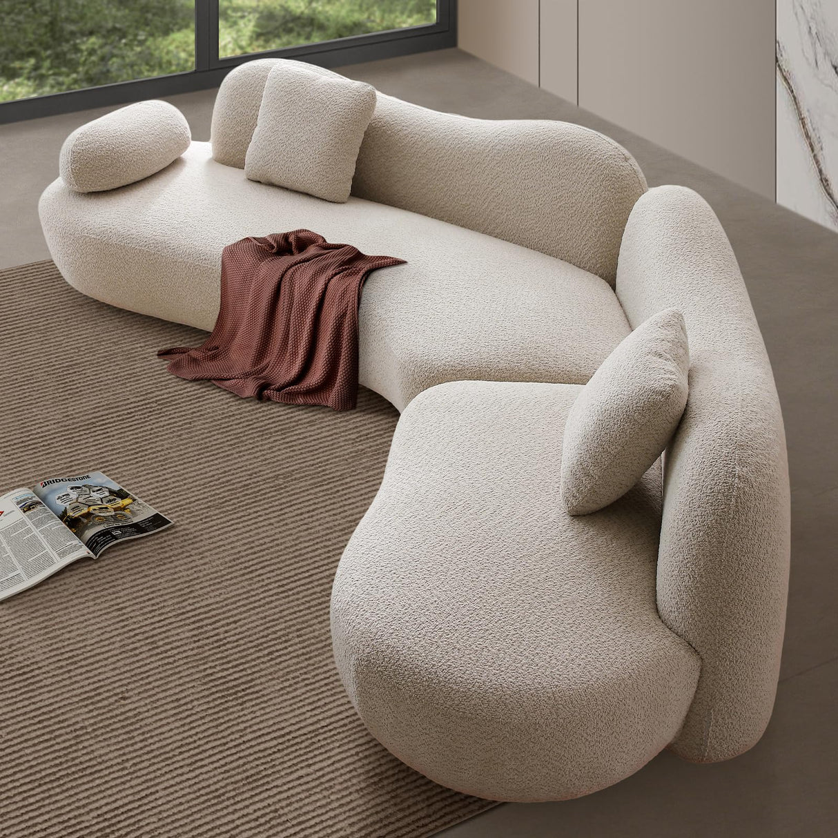 128" Luxury Curved Sectional Sofa with Ottoman, 6-Seater Boucle Couch Cloud Like Modular Sofa, Curved Sofas for Living Room, Luxury Couches with Butterfly Backrest Pillows (Beige) mr.waiba