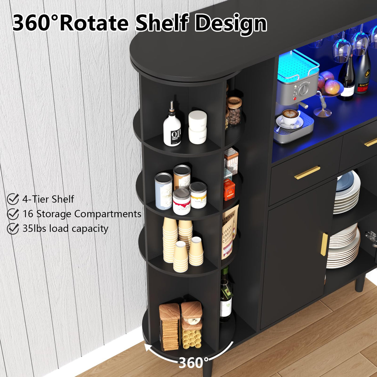 Kitchen Pantry Storage Cabinet with Charging Station and LED Lights, Freestanding Buffet Cabinet with Wine Glass Holder,Kitchen Hutch Cabinet with Rotation 4-Tier Storage Rack for Kitchen(Black) Gyfimoie