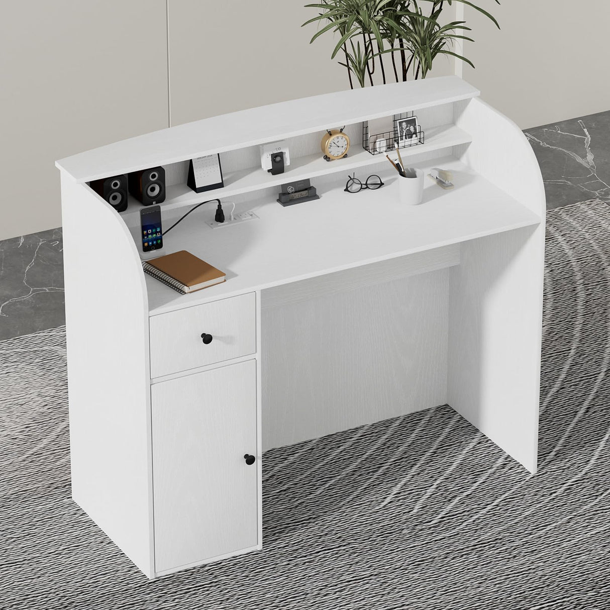 VOWNER Modern Reception Desk with Storage Drawers, 39.4" H Office Counter with LED Lighting, Secretary Desk with Power Outlets – Front Desk for Salon, Lobby – White (47.2" W x 18.9" D x 39.4" H) VOWNER