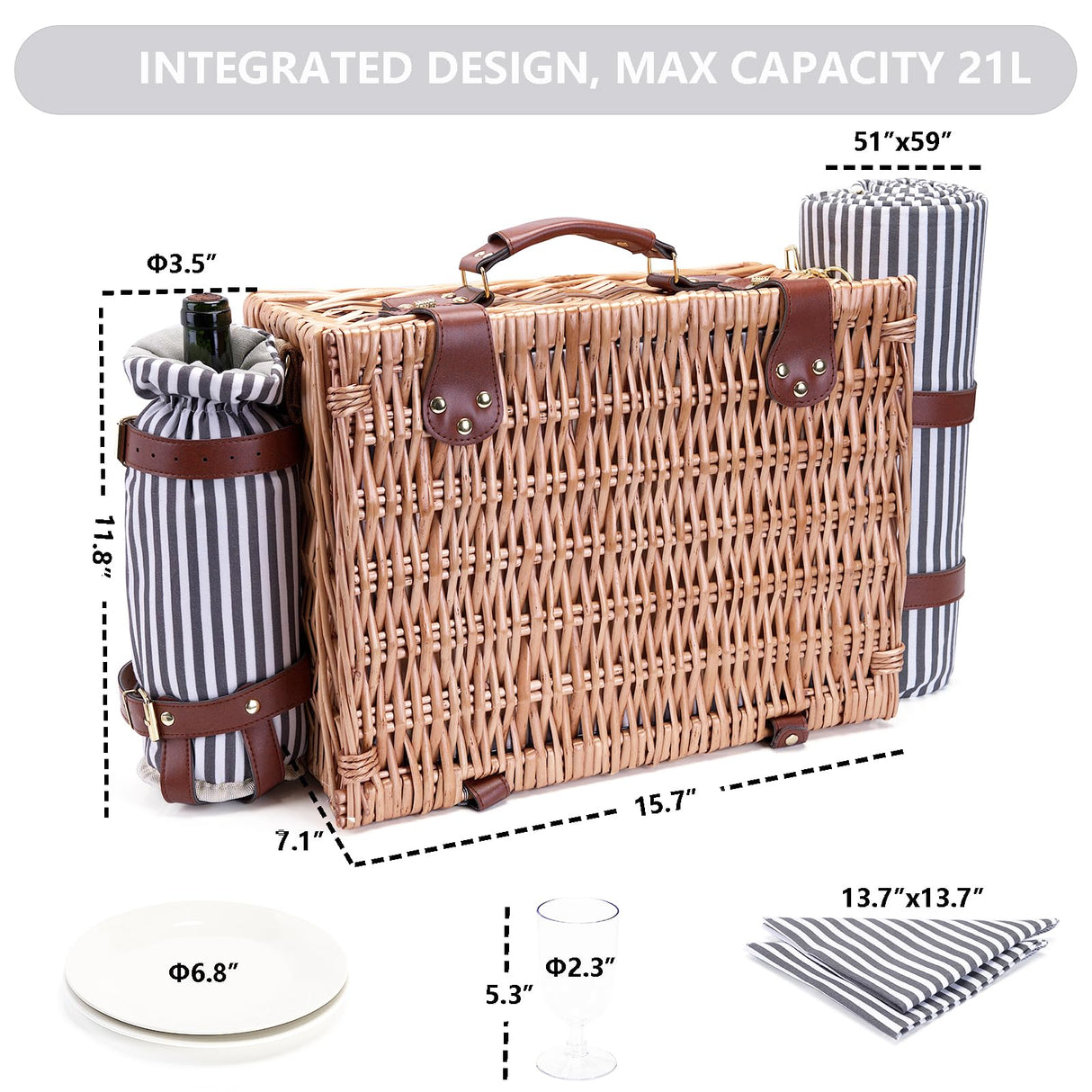 Picnic Basket with Blanket and Wine Pouch for 2 Wicker Picnic Set with Insulated Liner Cooler Bag Hamper for Camping,Wedding - Stripes SatisInside