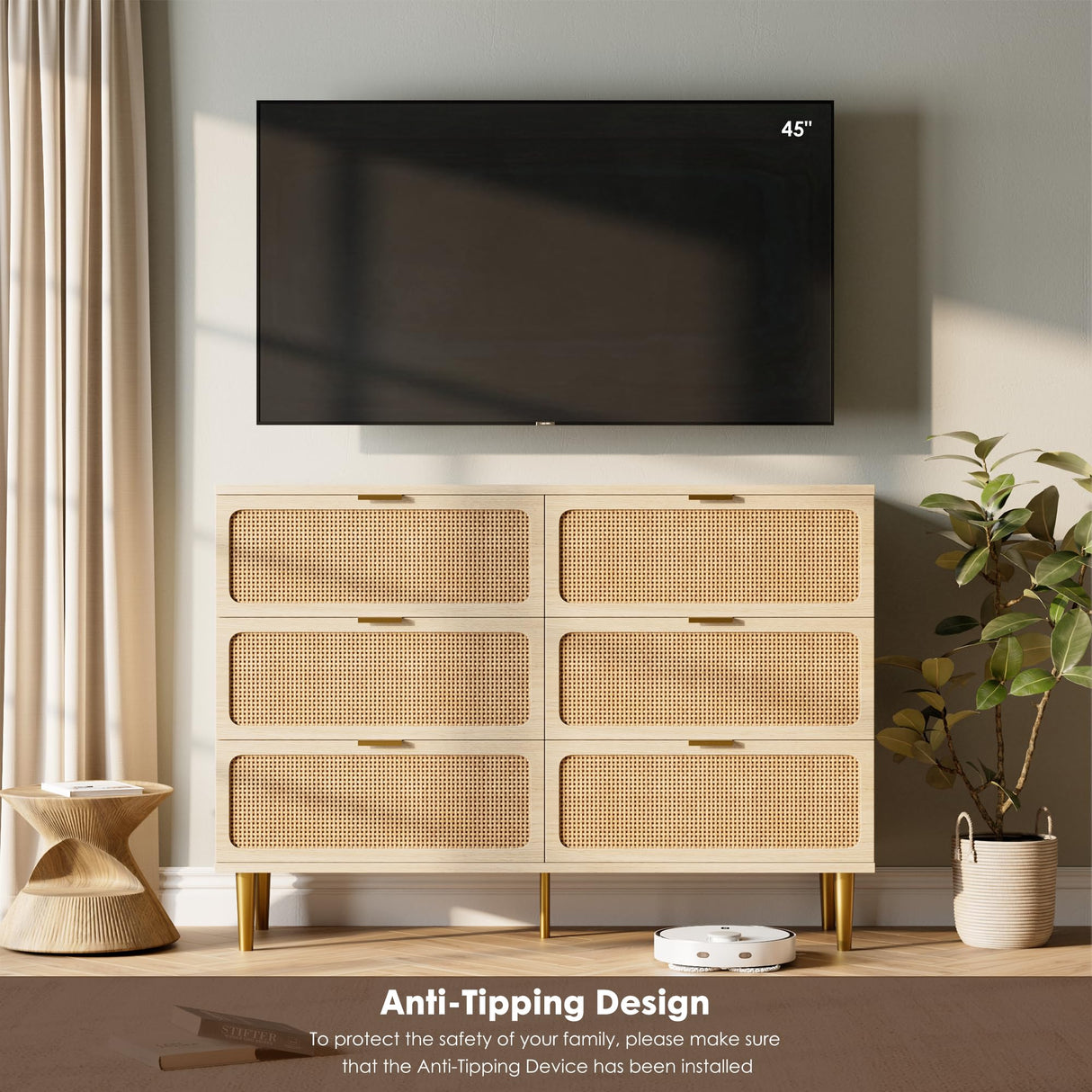 Rattan 6 Drawer Dresser for Bedroom, Large Double Dresser with Deep Drawers, Chest of Drawers for Closet with Wide Top, Long Wooden Dresser for Living Room, Hallway, Kids Room, Natural GarveeHome