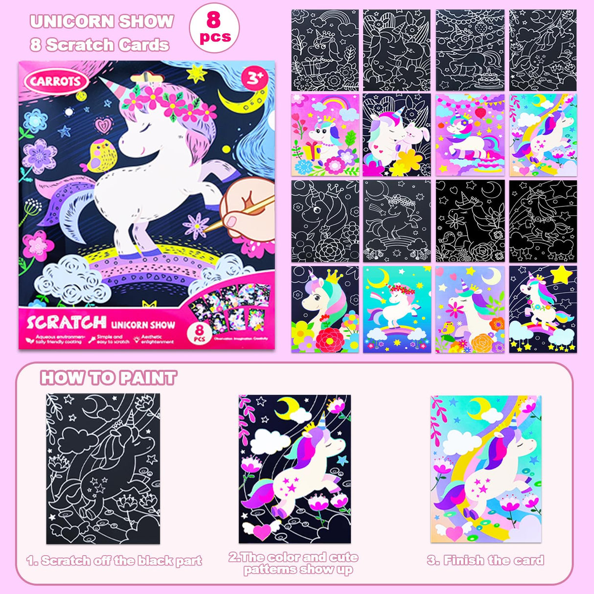 BAOXUE Scratch Art for Kids, Unicorns Black Rainbow Scratch Art Paper Set-Arts and Crafts & Supplies, DIY Activity & Party Games, Unicorn Art Gifts for Toddlers, Girls & Boys BAOXUE