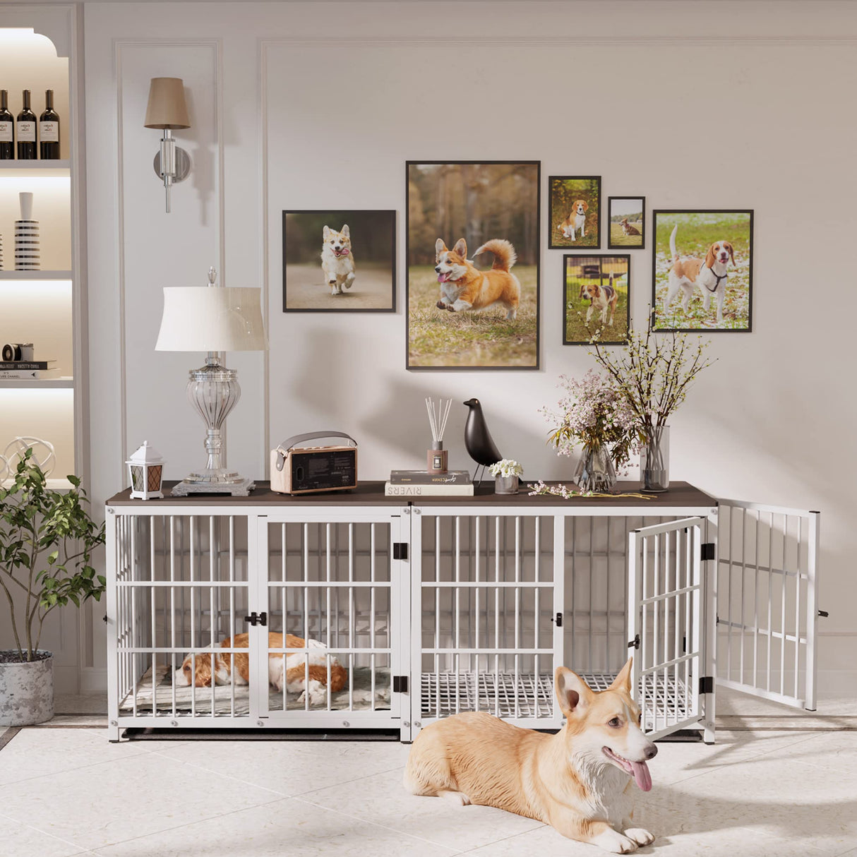 Heavy Duty Dog Crate Furniture: 72Inch Extra Large End Table Style Doggie Crates with Three Doors - Inside Modern Big TV Stand Style Puppy Wooden Kennel with Removable Tray for Medium Large Dogs White BingoPaw