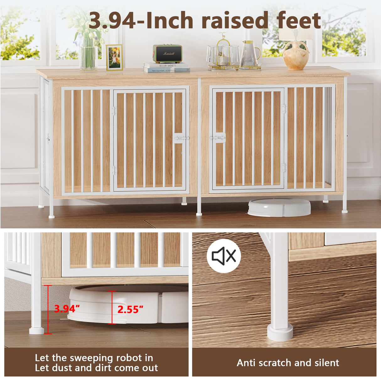 EasyCom 78" Dog Cage Furniture for 2 Dogs, Extra Large Double Dog Crate Furniture Large Breed, XXL Thick Wooden Dog Crate Furniture TV Stand, Sturdy Dog Kennel Furniture Dog Crate with Divider Beige EasyCom