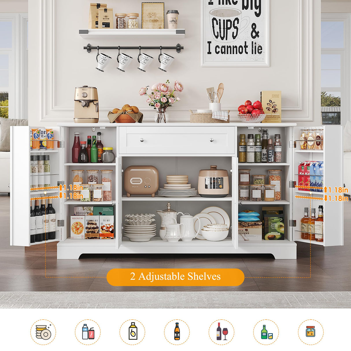 HITHOS 54" Buffet Cabinet with Storage, Modern Kitchen Buffet Sideboard with Drawer, Wood Coffee Bar Cabinet with Adjustable Shelves, Kitchen Storage Cabinet for Dining Room, Living Room, White HITHOS