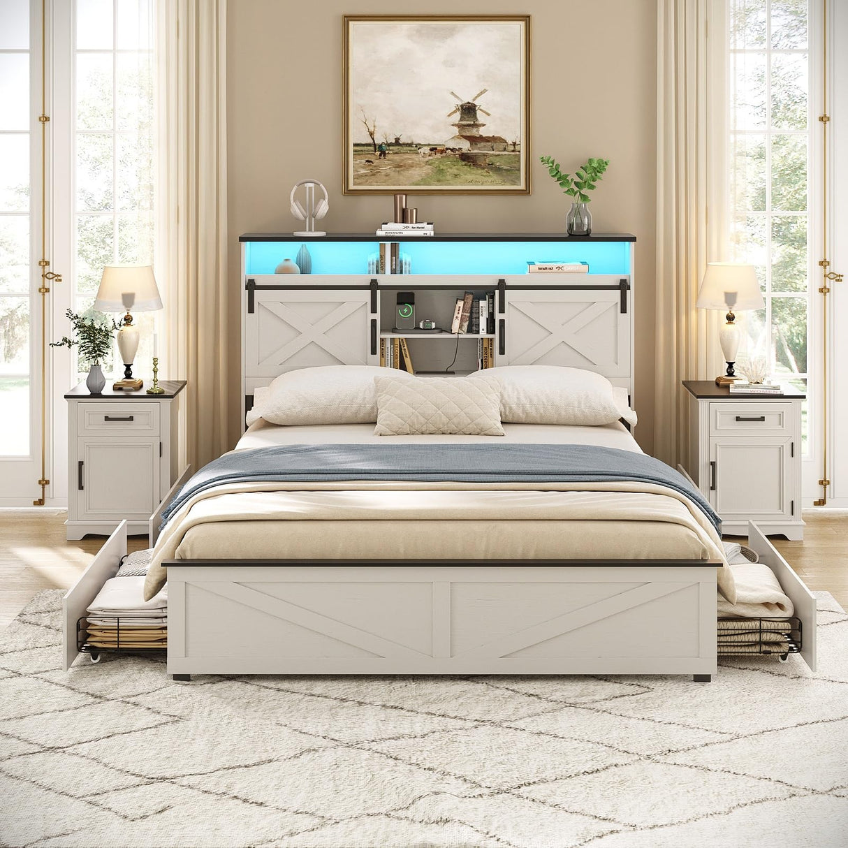 Maupvit Full Size Farmhouse Bed Frame with 4 Drawers and Sliding Barn Door, Storage Shelves, LED Light and Charging Station Metal Platform Bed Frame No Box Spring Needed, White Maupvit