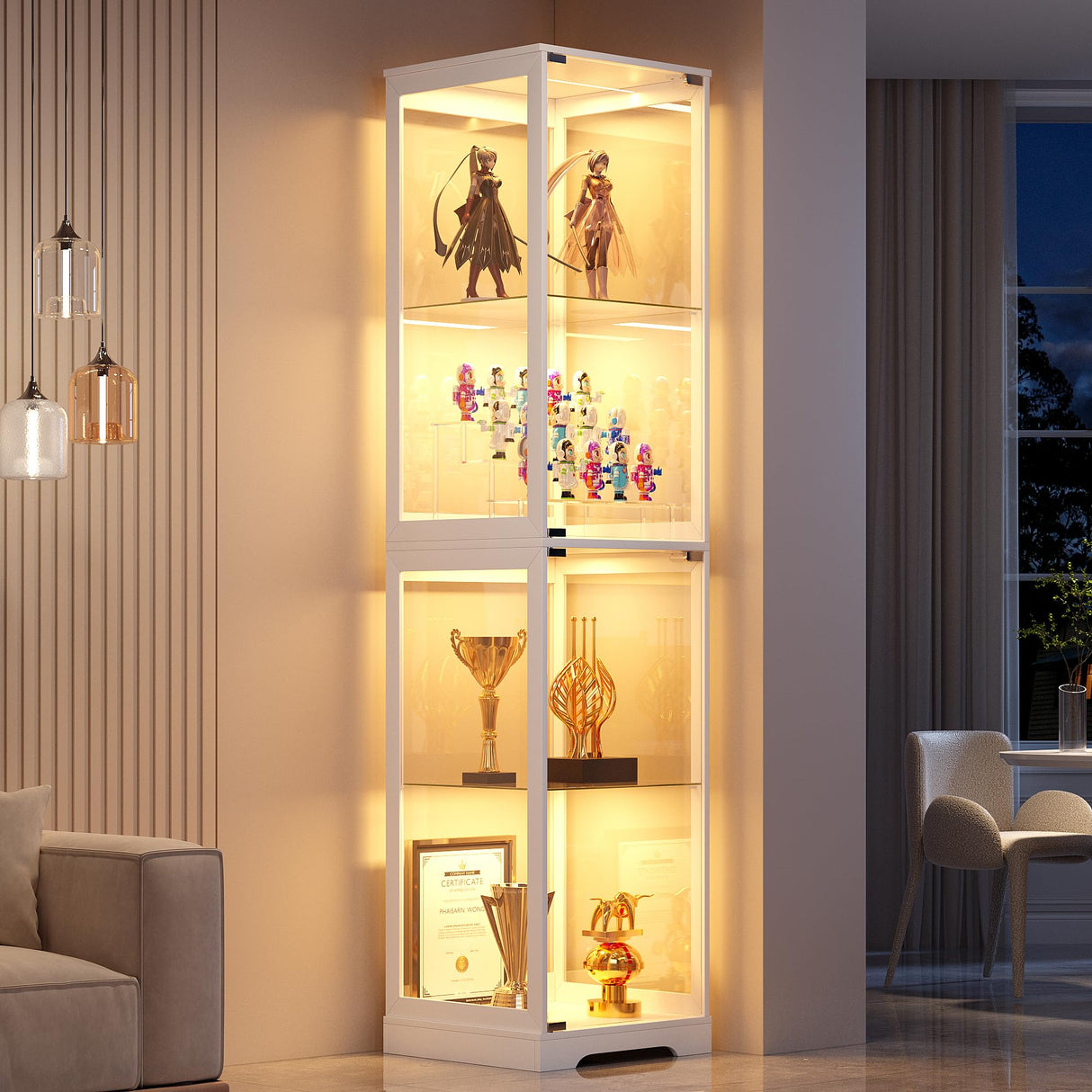 Glass Display Cabinet with Doors, 65" Tall 4-Tier Curio Display Case with 3 Color Lights and Human Body Sensor, Bookcase for Collectibles, White WEQUB