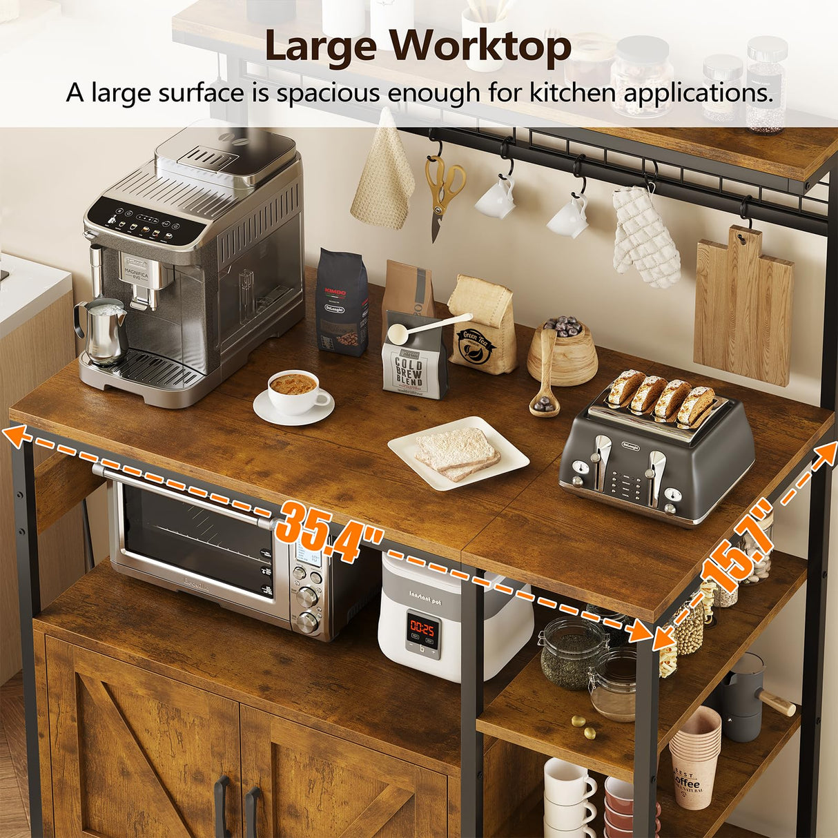 TVU Bakers Rack with Power Outlet and LED Light, Microwave Stand with Storage Cabinet, Coffee Bar Cabinet Station with 6 Hooks for Kitchen, Dining Room, Living Room, Coffee Bar, Rustic Brown TVU