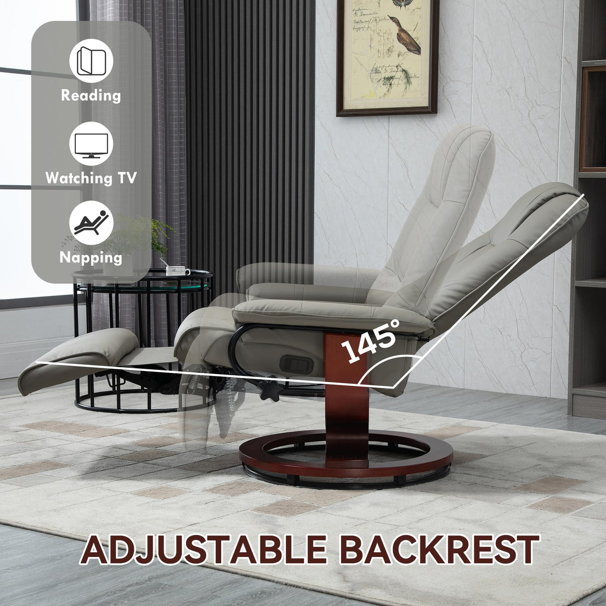 HOMCOM Swivel Recliner Chair, PU Leather Adjustable Lounge Chair with Footrest, Armrest, Wooden Base, Plush Recliner for Living Room, Gray HOMCOM