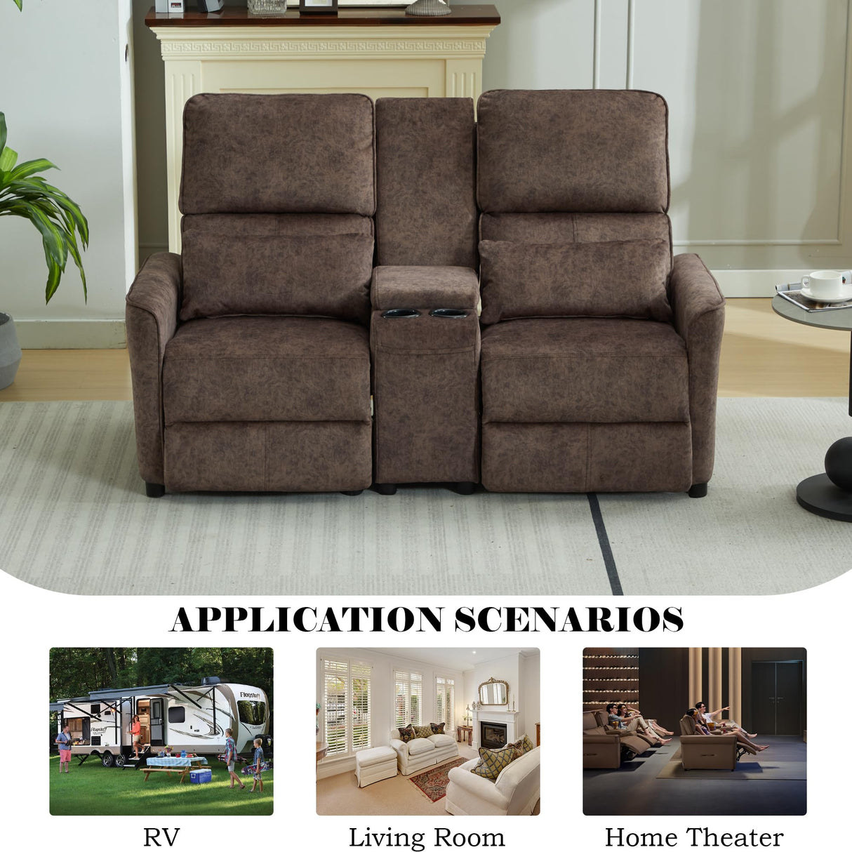 DRMBOOK 63'' RV Loveseat Recliner Sofa, Velvet Fabric Double Camper Couch 2 Seater Recliner with Console, Home Movie Theater Seating Chair, 2 Person Push Back Recliners for Living Room, Brown DRMBOOK