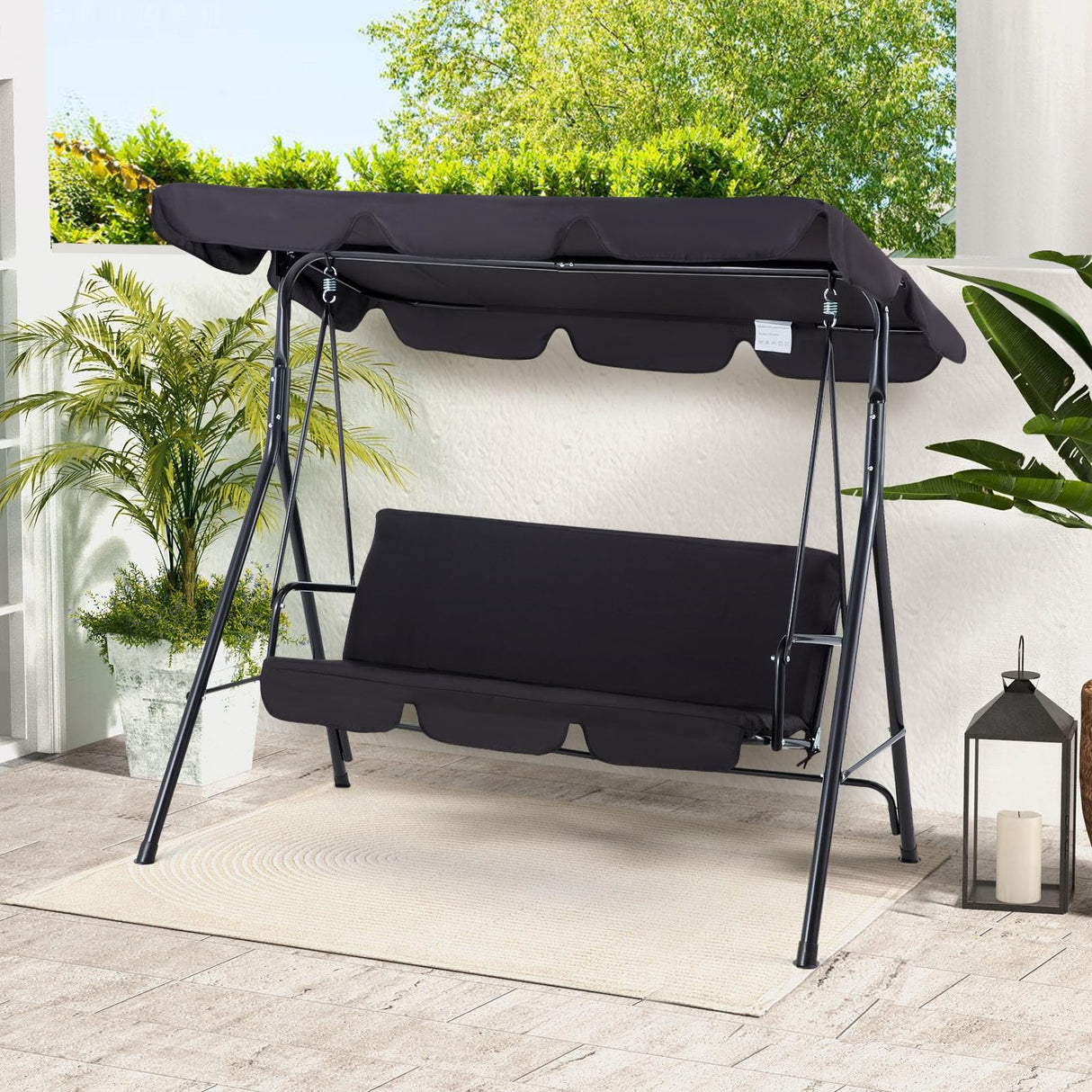 Esright Patio Swings Outdoor, 2-Seat Glider Porch Bench with Removable Cushion and Adjustable Shade, Swing Chairs for Garden, Poolside&Backyard, Black Esright
