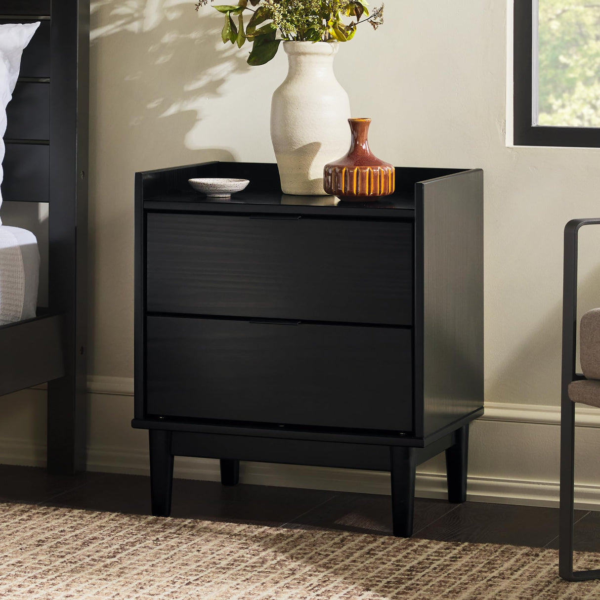 Walker Edison Mid-Century Modern Solid Pine 2-Drawer Nightstand, 20 Inch, Black Walker Edison