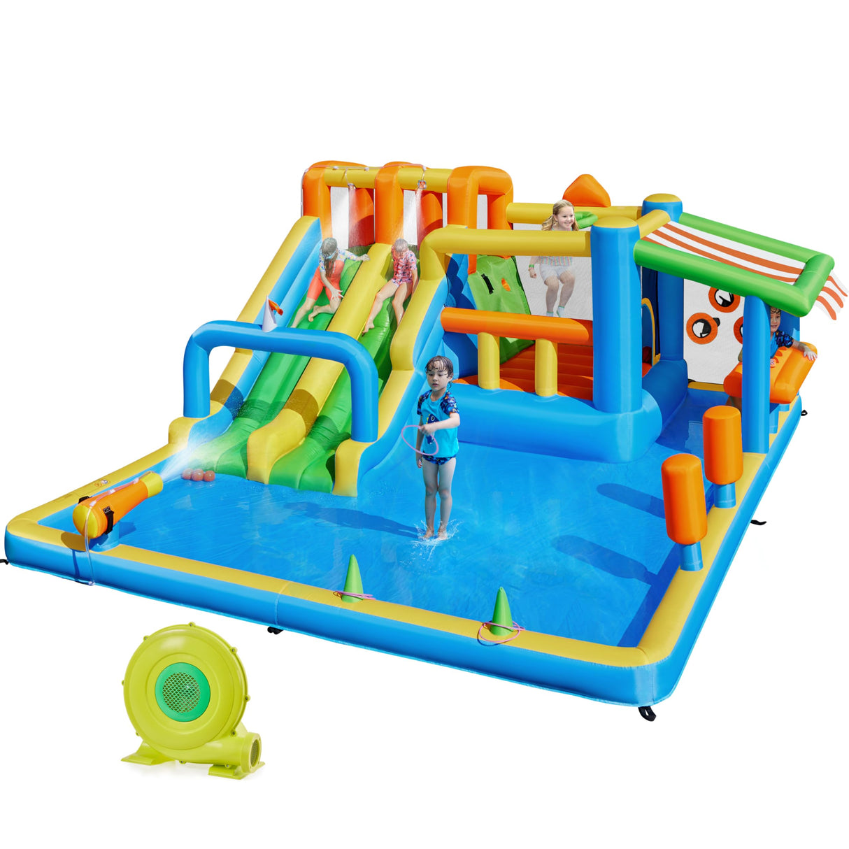 Yaheetech Inflatable Water Slide with Market Stand, Bounce House for Kids Aged 3-8 with 2 Slides for Outdoor Backyard, Splash Pool, Climbing Wall, 750W Air Blower, Ring and Ball Toss Games Yaheetech