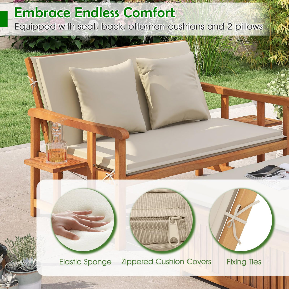 Tangkula Outdoor Acacia Wood Daybed with Storage Ottoman, Wood Patio Loveseat Sofa with 4-Level Backrest & Removable Cushions, 2 Folding Side Tables, Patio Recliner Lounger for Poolside, Backyard Tangkula