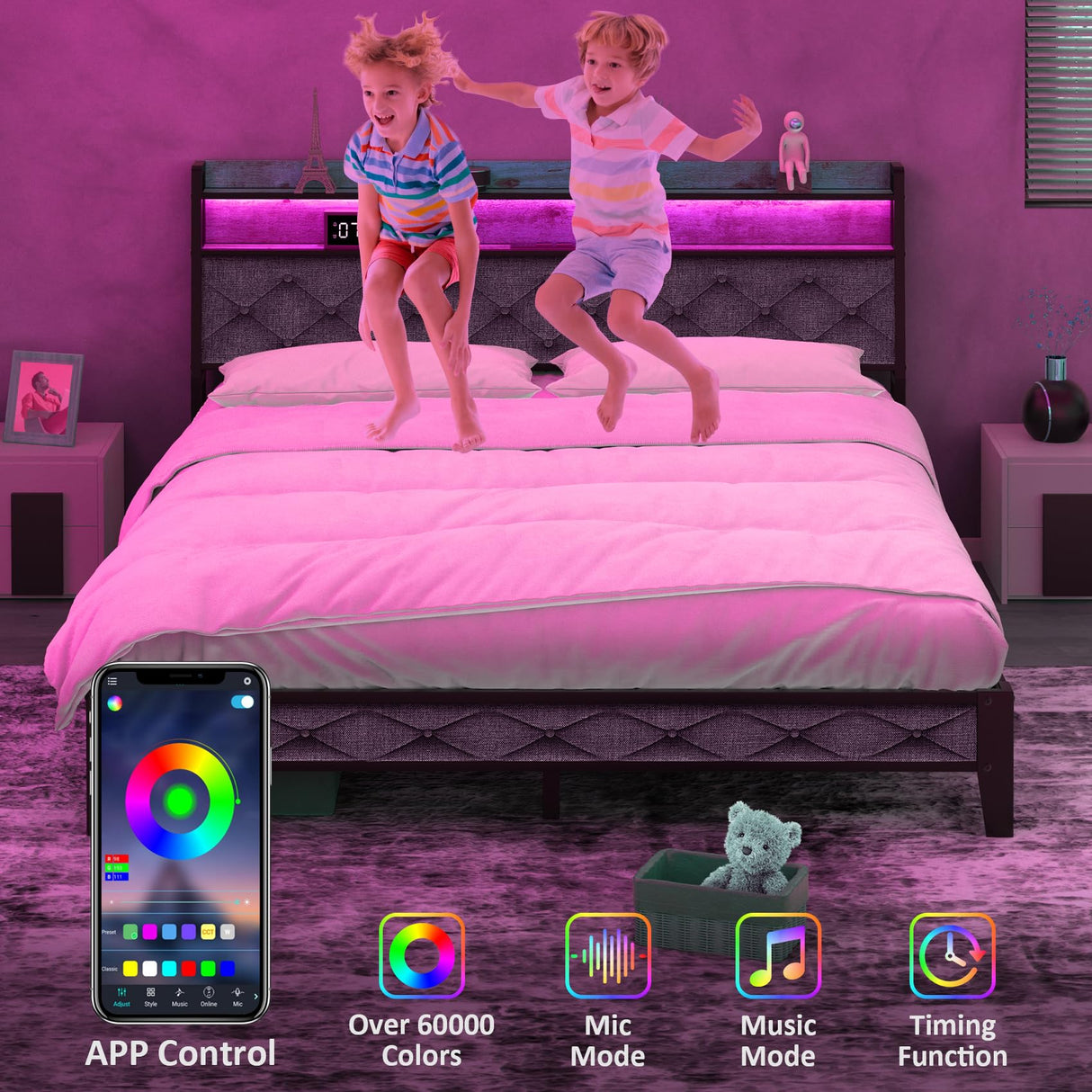 Winkalon Queen Bed Frame with Ergonomic Headboard, Platform Bed Frame with RGB Lights, Outlets & Charger, Fast Assembly Bed Queen Size, Modern Wood Upholstered Headboard,Gray Winkalon