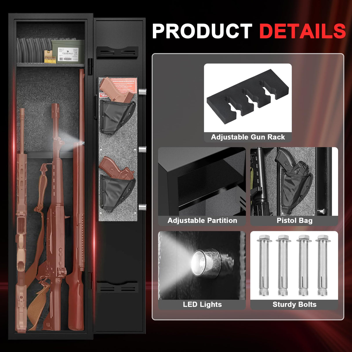 Emasme 2 Gun Safe, Gun Safe for Rifles and Pistols, Quick Access Long Gun Safes for Rifles, Electronic Gun Cabinet with Removable Gun Rack, Pistols Pockets for Home Office Garage (2-3 Guns Safe) Emasme