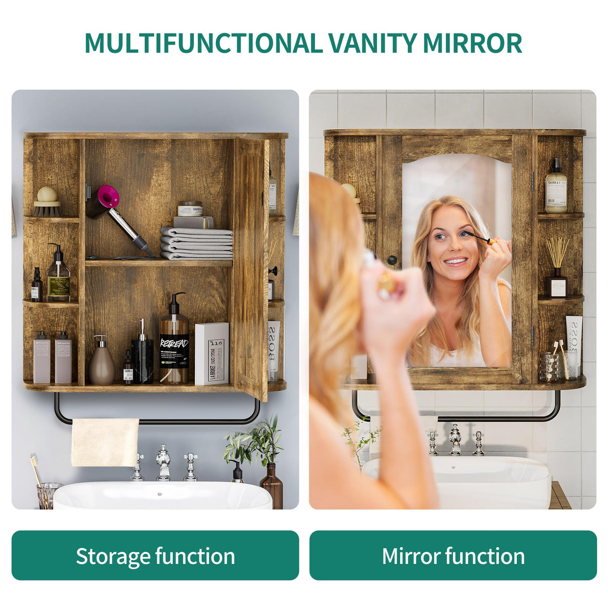 YITAHOME Bathroom Cabinet Medicine Cabinet Organizer, Wall Mounted Cabinet with Mirror Door and Removable Shelf for Bathroom Living Room Laundry Bedroom, Brown YITAHOME