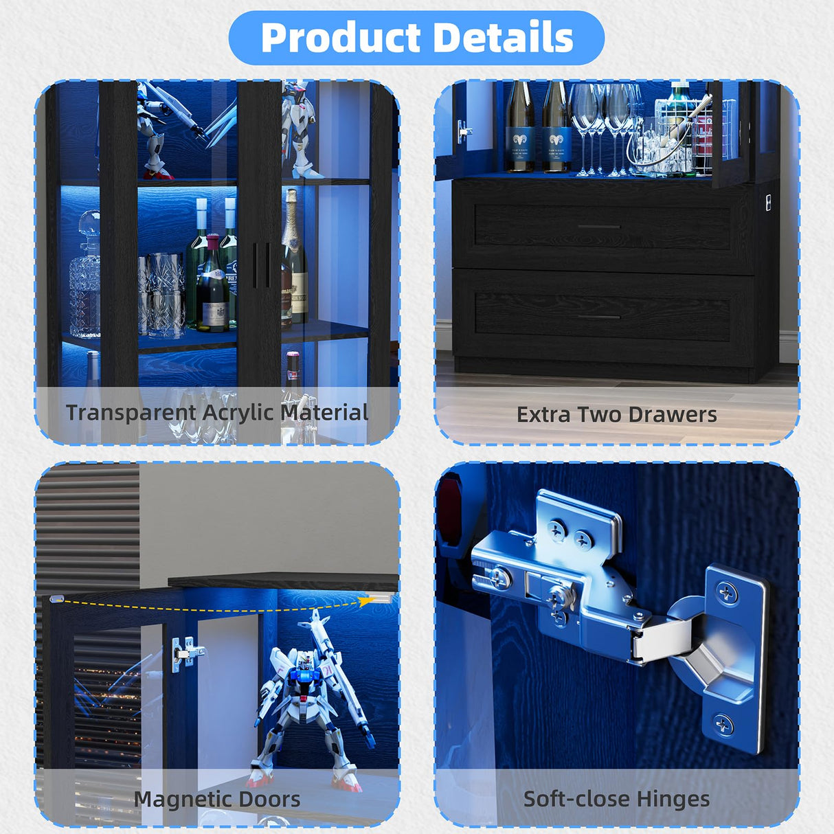 BROTTAR Display Cabinet with LED Lights, Curio Storage Cabinet with Acrylic Doors & 2 Drawers, 67" Bookcase Display Case for Collectibles, Human Body Sensor, Home Office, Living Room, Black BROTTAR