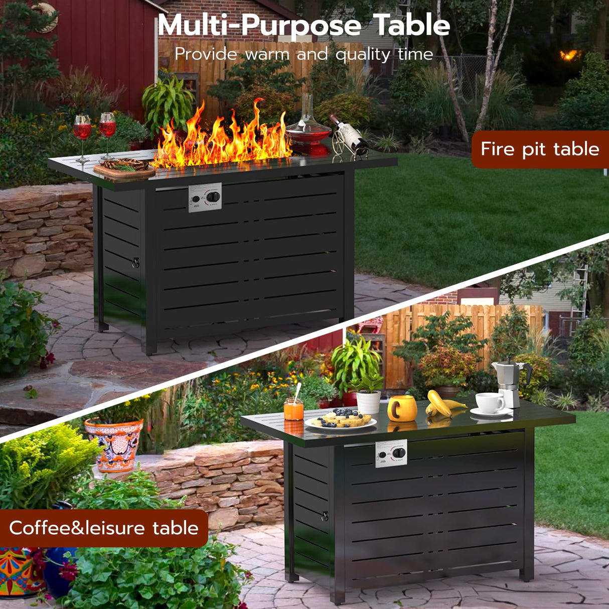Xbeauty Fire Pit Propane Gas FirePit Table 43" Outdoor Fire Pit Rectangular Tabletop with Lid, Rain Cover, for Outside Garden Backyard Deck Patio Xbeauty