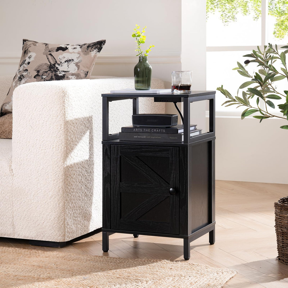 Yoobure Farmhouse Nightstand with Charging Station, Wood Night Stand End Table with USB Ports, LED Bed Side Table with Storage Cabinet, Bedside Table for Bedroom, Living Room Black Yoobure