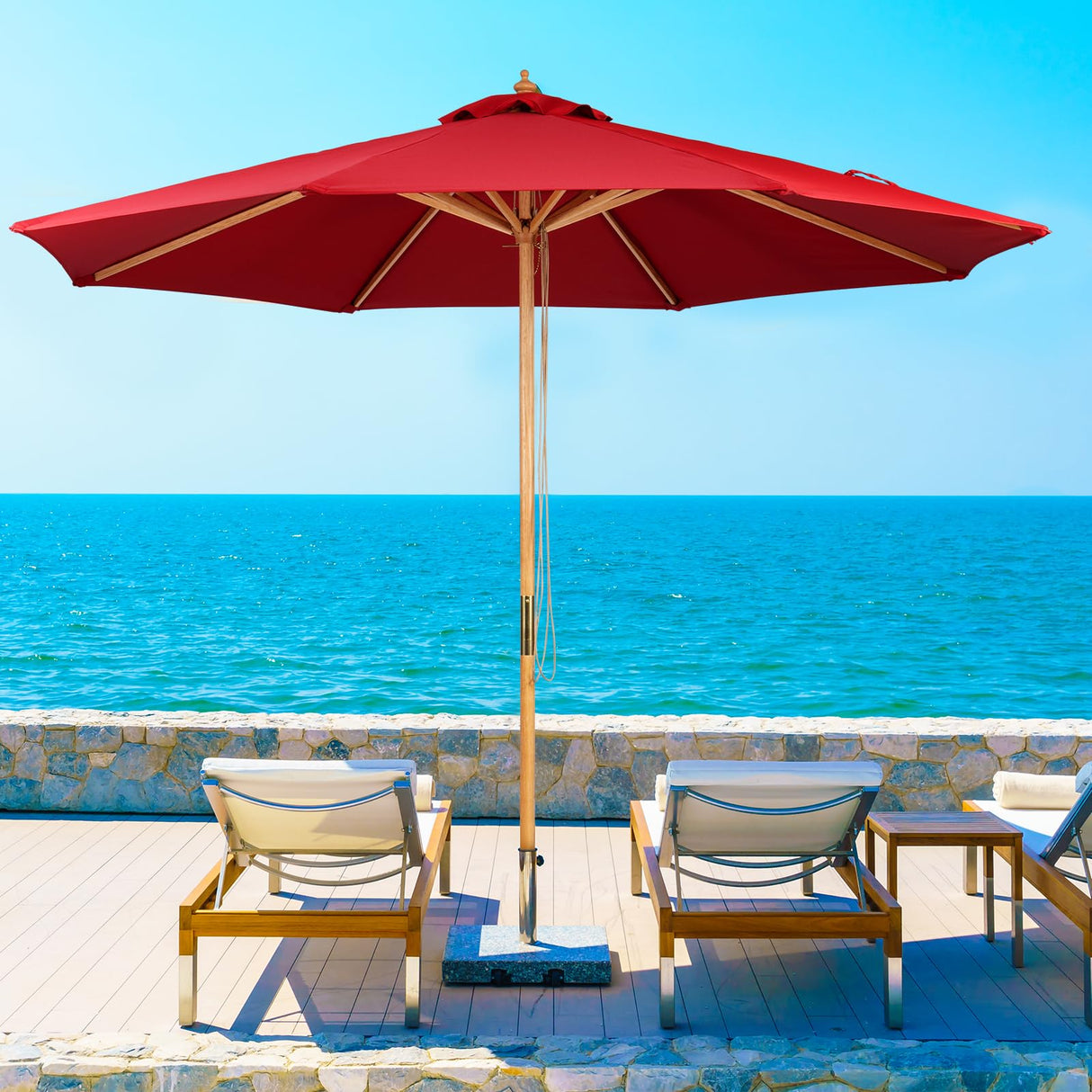 CASUNER 9FT Bamboo Umbrella, Outdoor Patio Umbrella, Waterproof Market Umbrella, 8 Ribs Table Umbrella with Pulley Lift for Garden, Deck, Pool, lawn, Backyard (RED) CASUNER