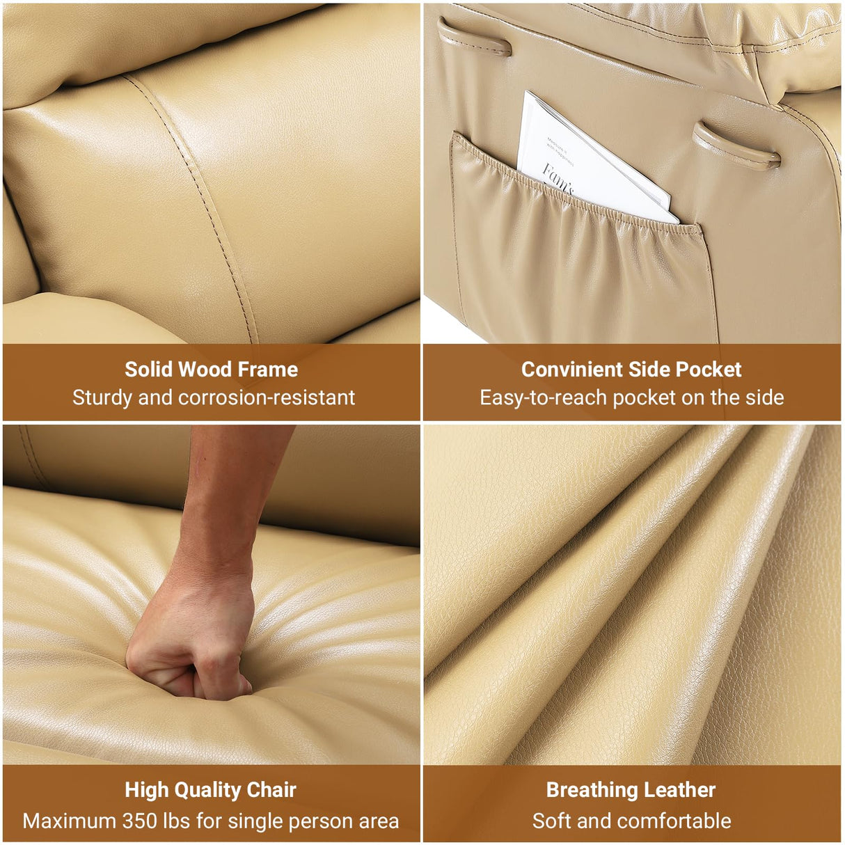 GarveeHome Power Lift Recliner Chair PU Leather with Massage for Elderly Ergonomic Lounge Chair Classic Single Sofa with 2 Cup Holders Side Pocket (Beige, 22" Seat Width + Cup Holder) GarveeHome