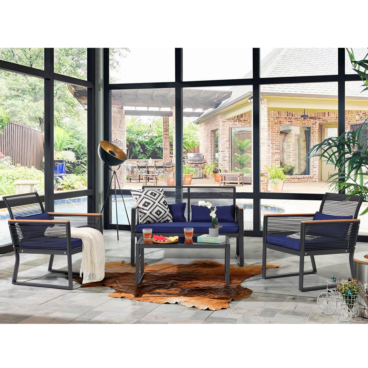 Patiorama 4 Piece Patio Furniture Set, Outdoor Wicker Bistro Set, All-Weather Black PE Rattan Conversation Set w/Coffee Table, Loveseat, Wood-Like Armrest, Cushions for Garden Balcony Deck, Navy Blue Patiorama