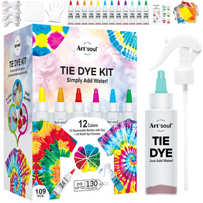 Art+soul 12 Colors Tie Dye Kit with Bonus Tie Dye Powder Refiils Packs,DIY Fabric Dyeing Kit Includes Rubber Bands, Gloves, Guide Book Perfect for Arts & Crafts, Family Party, Birthday Gifts