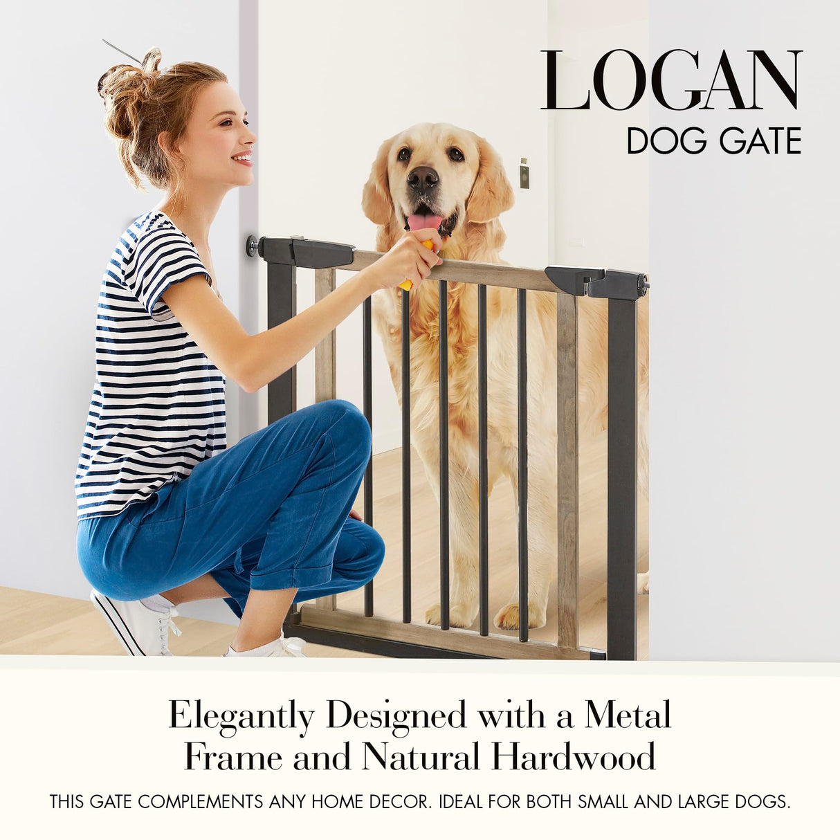 NMN Designs Logan Dog Gate - Indoor Pet Barrier and Wooden Dog Gate with Walk Through Swinging Door - Pressure Mounted for Walls and Stairs - Puppy Gates for The House - Expandable 29.5" to 51.5" NMN Designs