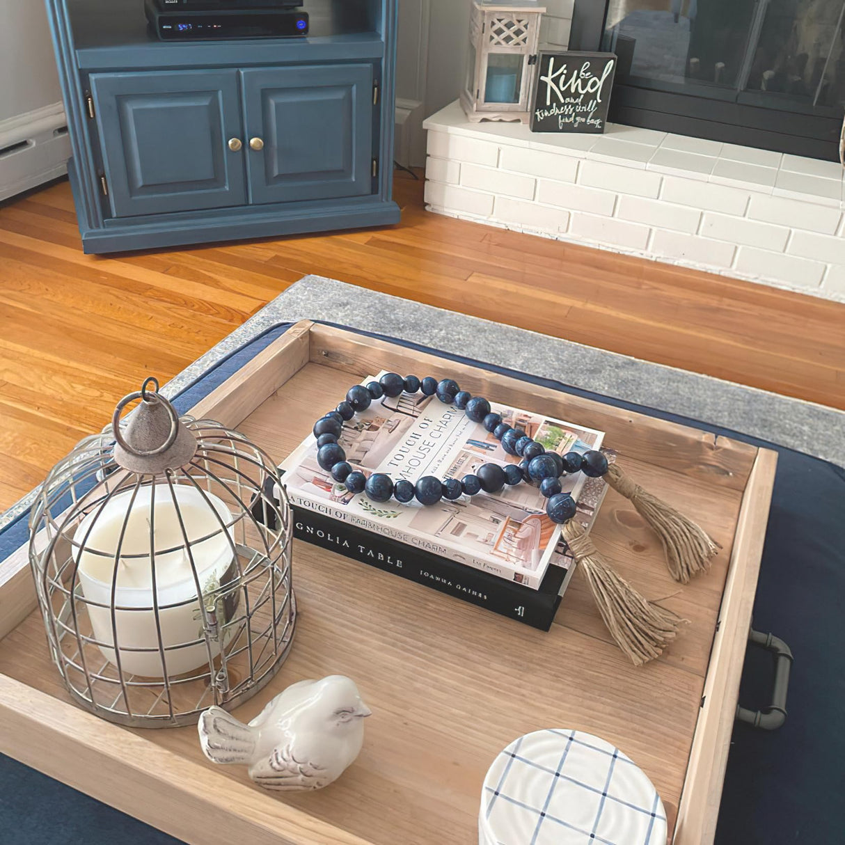 Handcrafted Farmhouse Wooden Decorative Beads Garland, Table Tray Boho Wood Beads with Tassel, Small Rustic Antique Decor for Home and Events (32" Rustic Blue) Fenisam