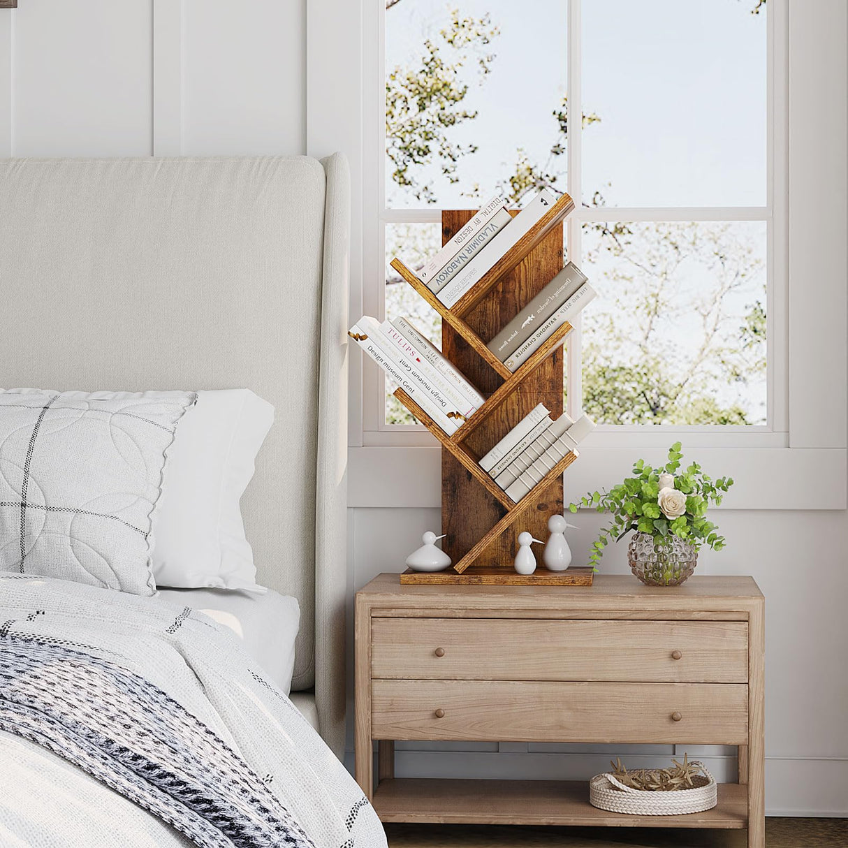 YMYNY Tree Bookshelf, 4-Tier Book Storage Organizer Shelves,Rustic Brown, HBC014H YMYNY