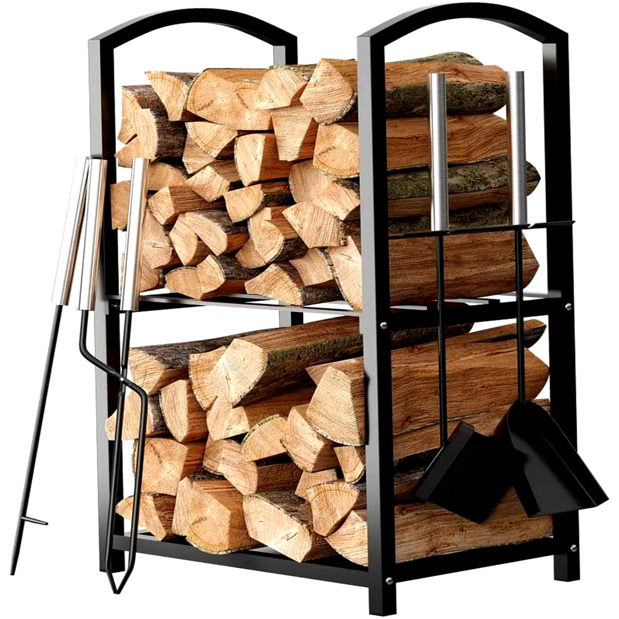 HOME IT Firewood Rack Indoor Outdoor - 2-Tier Firewood Holder with Fireplace Tools Set, Brush, Shovel, Poker, Tongs - Waterproof Steel Pipe Log Holder, Black Stove Wrought Iron - 17x12x29 HOME IT
