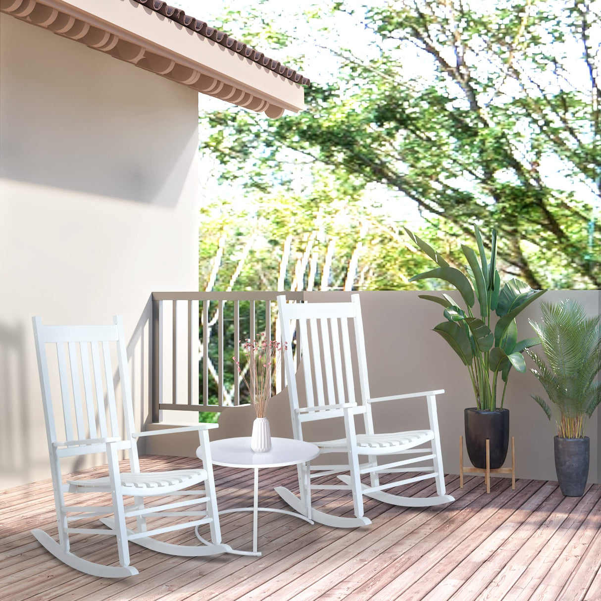 Outsunny Outdoor Rocking Chair, Wooden Rocking Patio Chairs with Rustic High Back, Slatted Seat and Backrest for Indoor, Backyard, Garden, White Outsunny