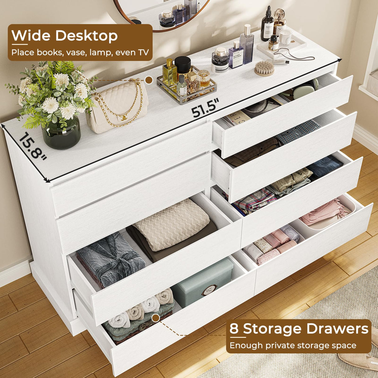 Hasuit White Dresser for Bedroom, Long Dresser with 8 Drawers, 51.5''W Wooden Dressers Chest of 8 Drawers, Large Capacity Clothing Storage Cabinet, Wide Dressers for Bedroom Living Room Entryway Hasuit