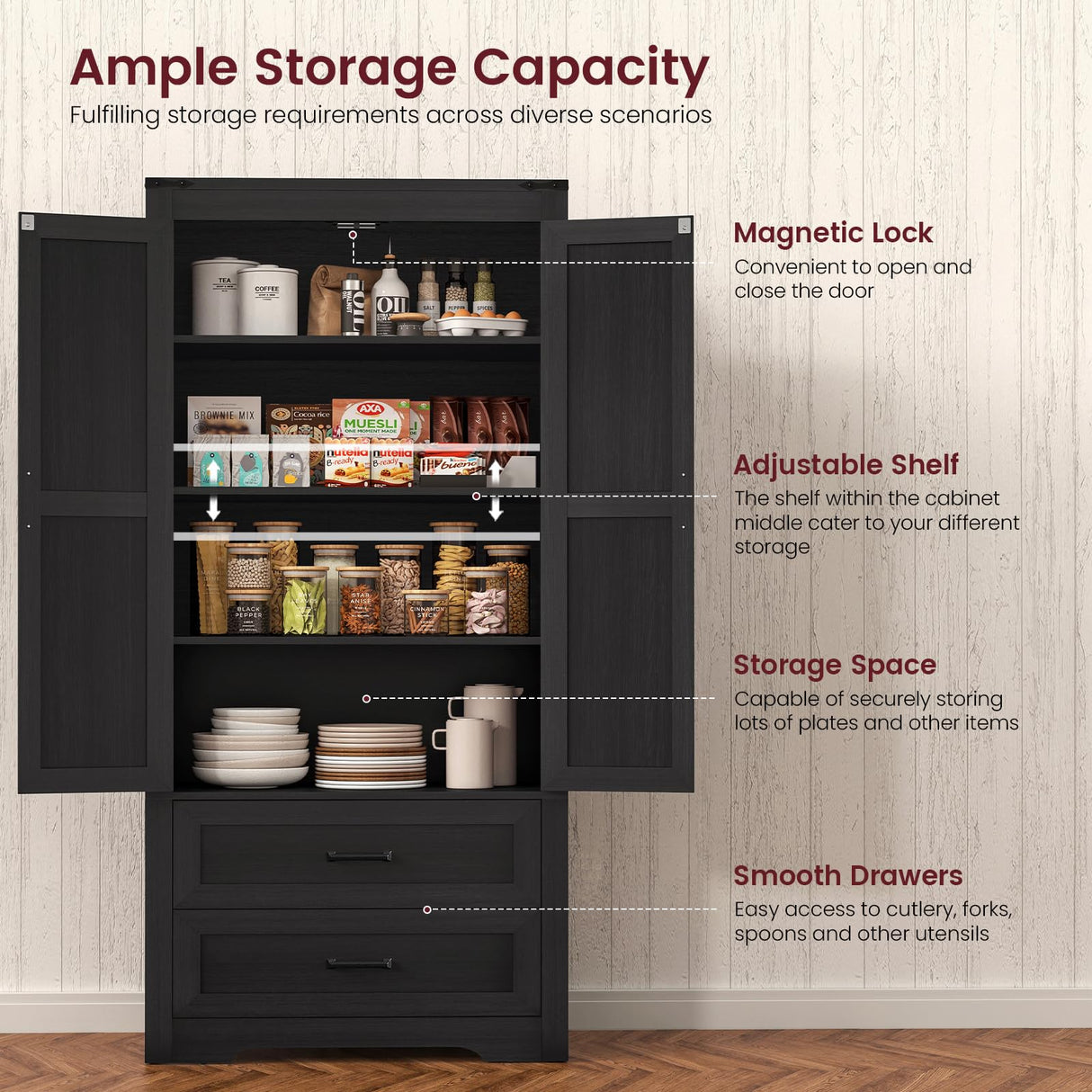 Quimoo 71" Farmhouse Tall Storage Cabinet with Barn Doors, Kitchen Pantry Cabinet with 2 Drawers & Adjustable Shelf, Pantry Storage Cabinet, for Kitchen, Living Room, Dining Room, Black Quimoo