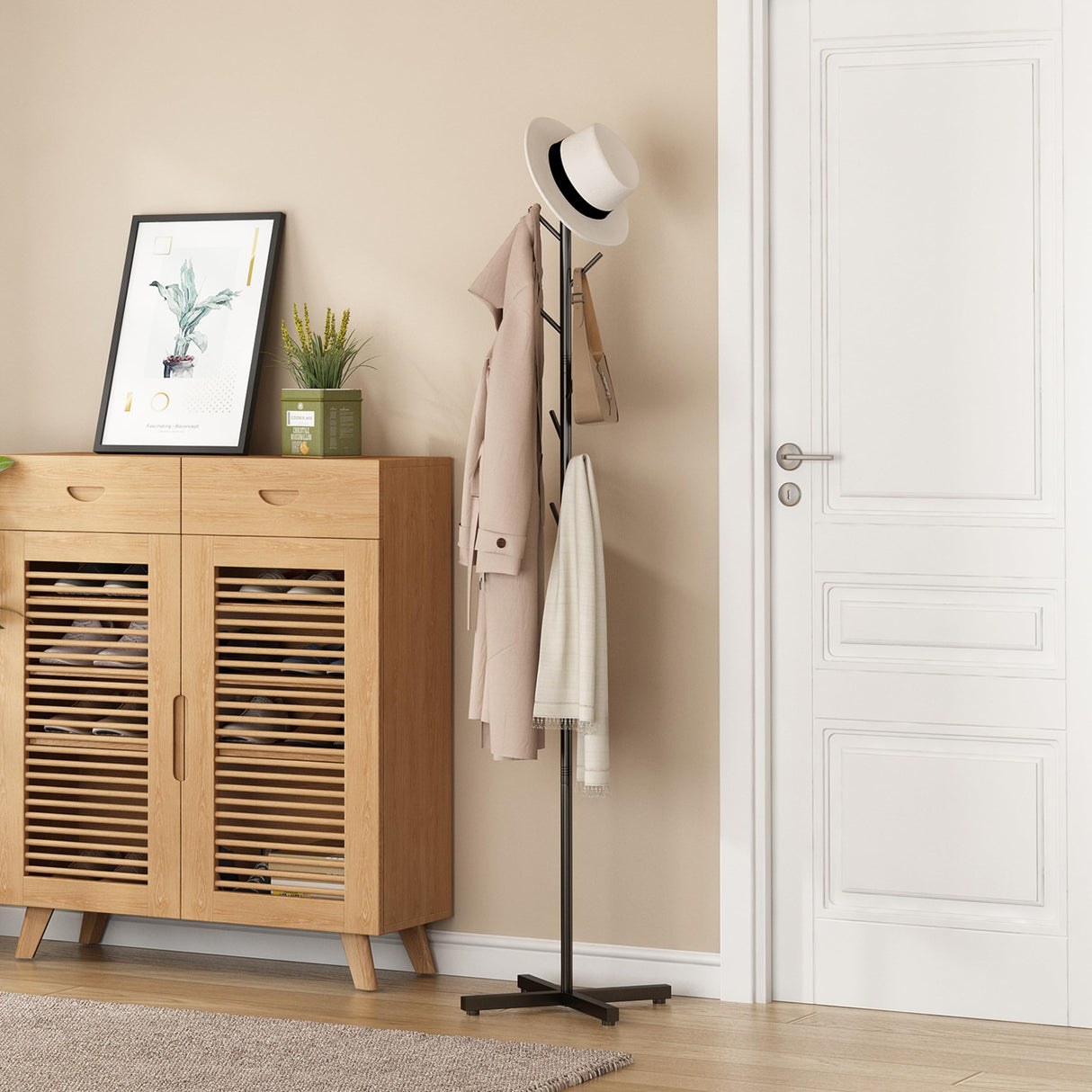 Wisdom Star Metal Coat Rack Freestanding, Hall Tree Coat Rack Stand, Heavy Duty Clothes Rack, Corner Hanging Clothes Rack for Jacket, Hats, Bags, Entryway, Living Room, Bedroom, Home Office, Black Wisdom Star