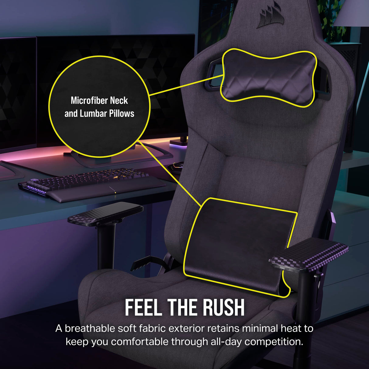 Corsair T3 Rush Fabric Gaming Chair (2023) – Racing-Inspired Design – Soft Fabric Exterior – Padded Neck Cushion – Memory Foam Lumbar Support – Adjustable Seat Height – Charcoal Corsair