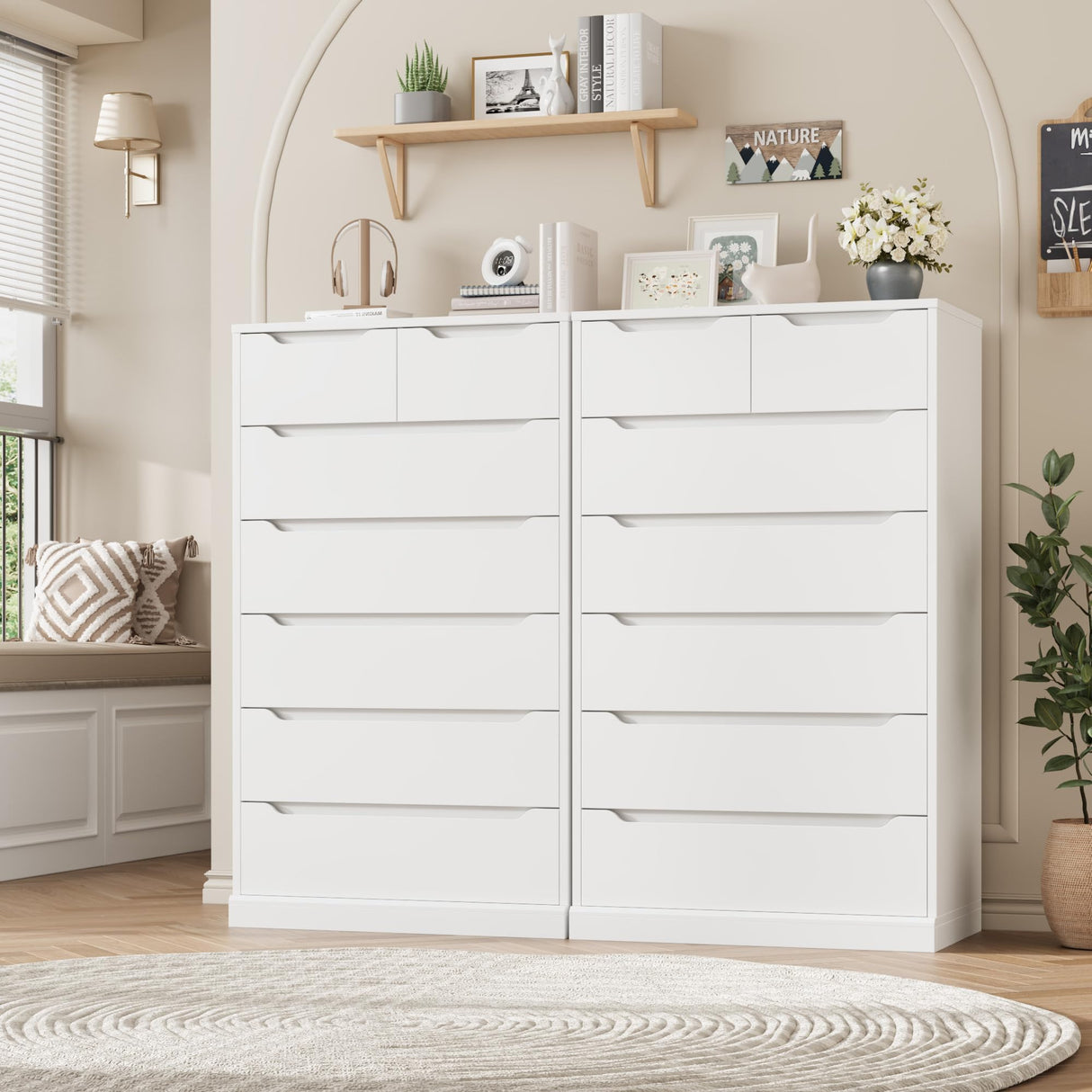 HITHOS 51" Tall 7 Drawers Dresser, Modern White Dresser, Wood Dressers & Chests of Drawers with Cut-Out Handles, Upright Drawer Chest, Accent Vertical Dressers for Living Room, White HITHOS