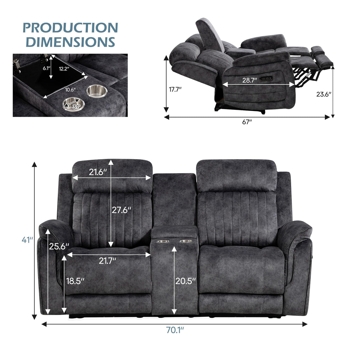 Consofa Zero Gravity Power Reclining Loveseat with Adjustable Headrest, Power Loveseat Recliner with Console, Power Loveseat Recliner Sofa with USB & Type-C Ports for Living Room(Grey) Consofa